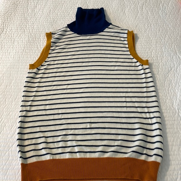 ModCloth women size medium sleeveless turtleneck, cream, navy strips, gold trim - Picture 2 of 5